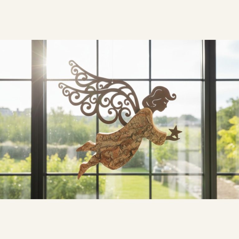 Holzengel mit Rostflügeln vor einem Fenster
