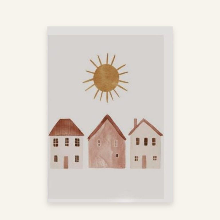 Babyzimmer-Poster Boho – Motiv A: Häuser mit Sonne in Aquarell