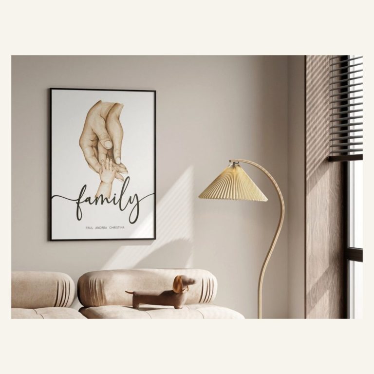 Familienposter mit Händen – im schwarzen Rahmen im Wohnzimmer