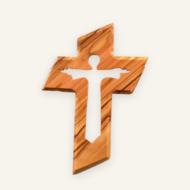 Olivenholz-Kreuz mit ausgeschnittener Figur des auferstandenen Jesus