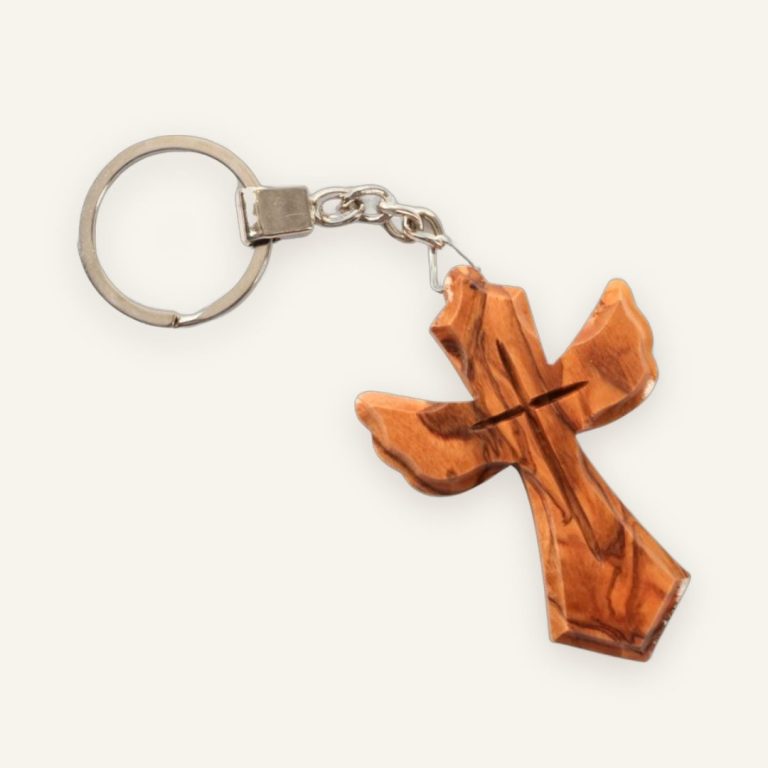 Schlüsselanhänger Kreuz in Engel-Form – Olivenholz