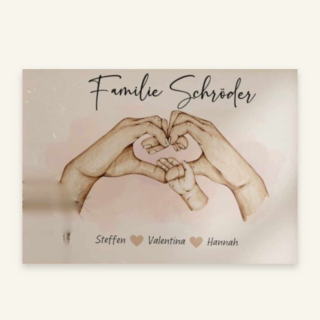Personalisiertes Poster mit gezeichnetem Handherz – Beispiel mit drei Namen