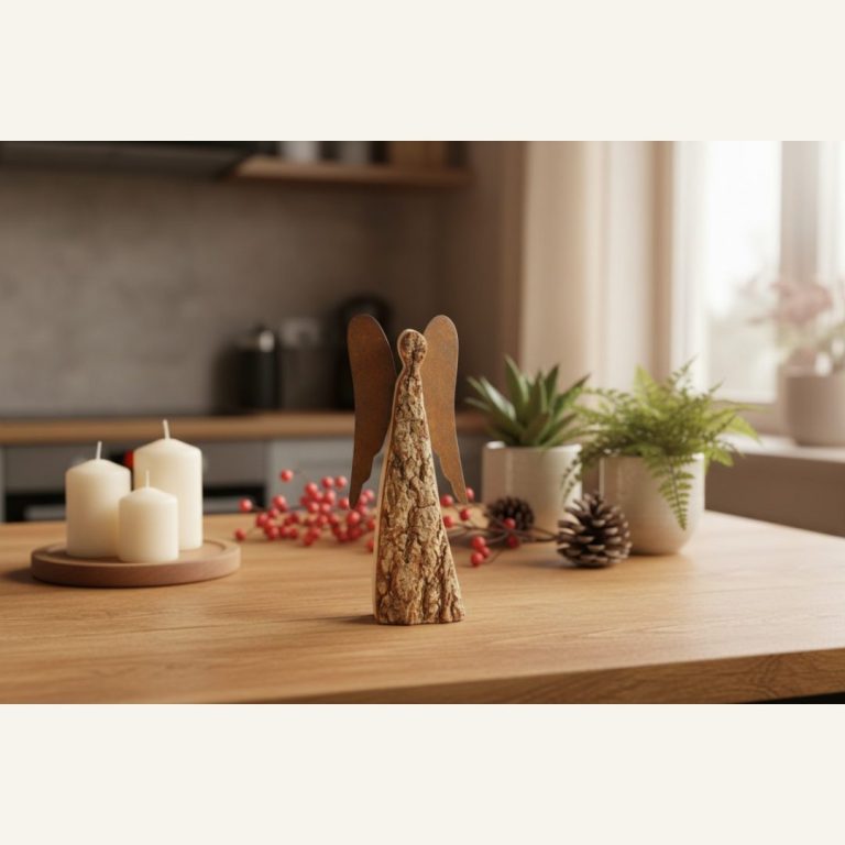 Rindenengel aus Holz auf einem Küchentisch mit Kerzen
