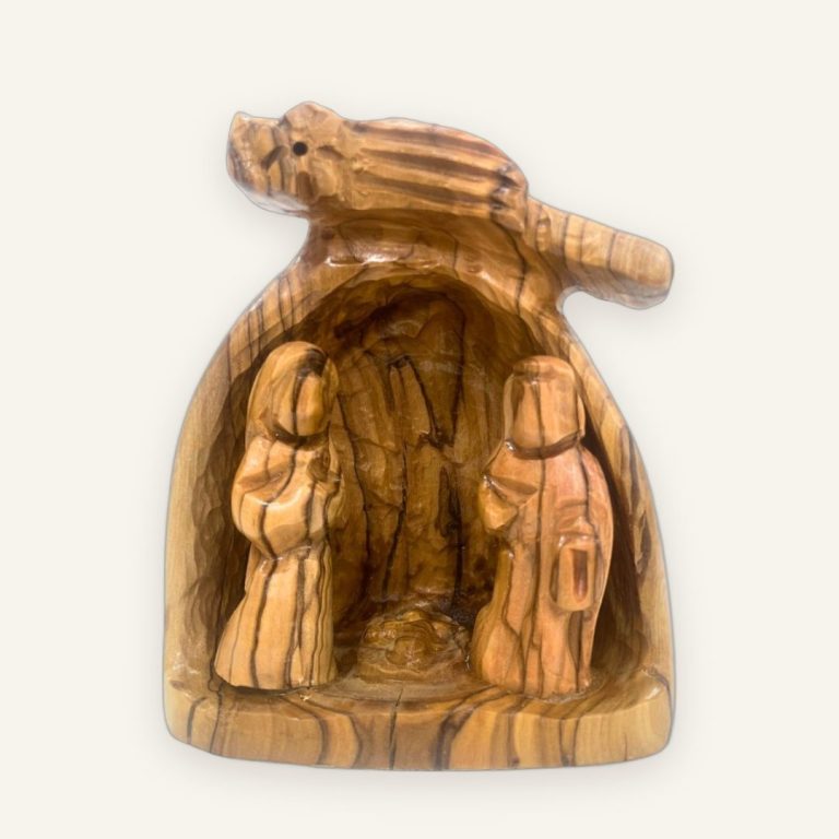 Handgeschnitzte Krippe aus Olivenholz mit Heiliger Familie, 10 cm
