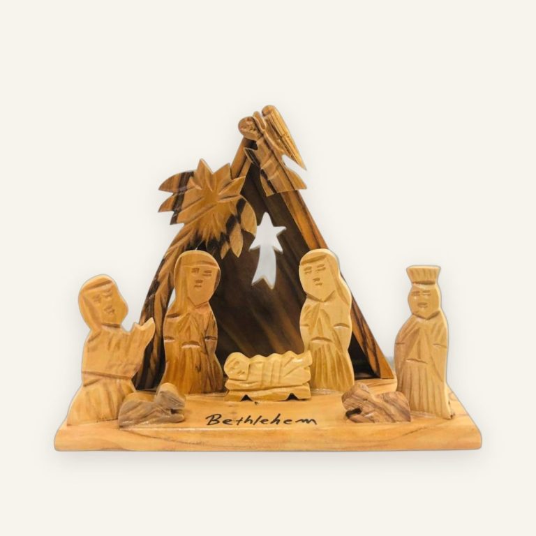 Krippe mit Zelt aus Olivenholz mit Heiliger Familie und Königen, 10 cm