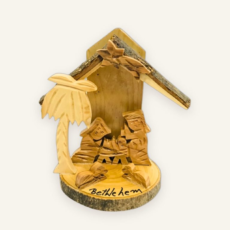 Krippe aus Olivenholz mit Rinde und Palmendach, 10 cm