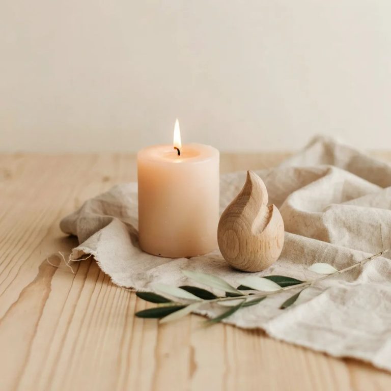 Brennende Kerze mit Holz-Flamme und Olivenzweig – Geschenke zur Firmung