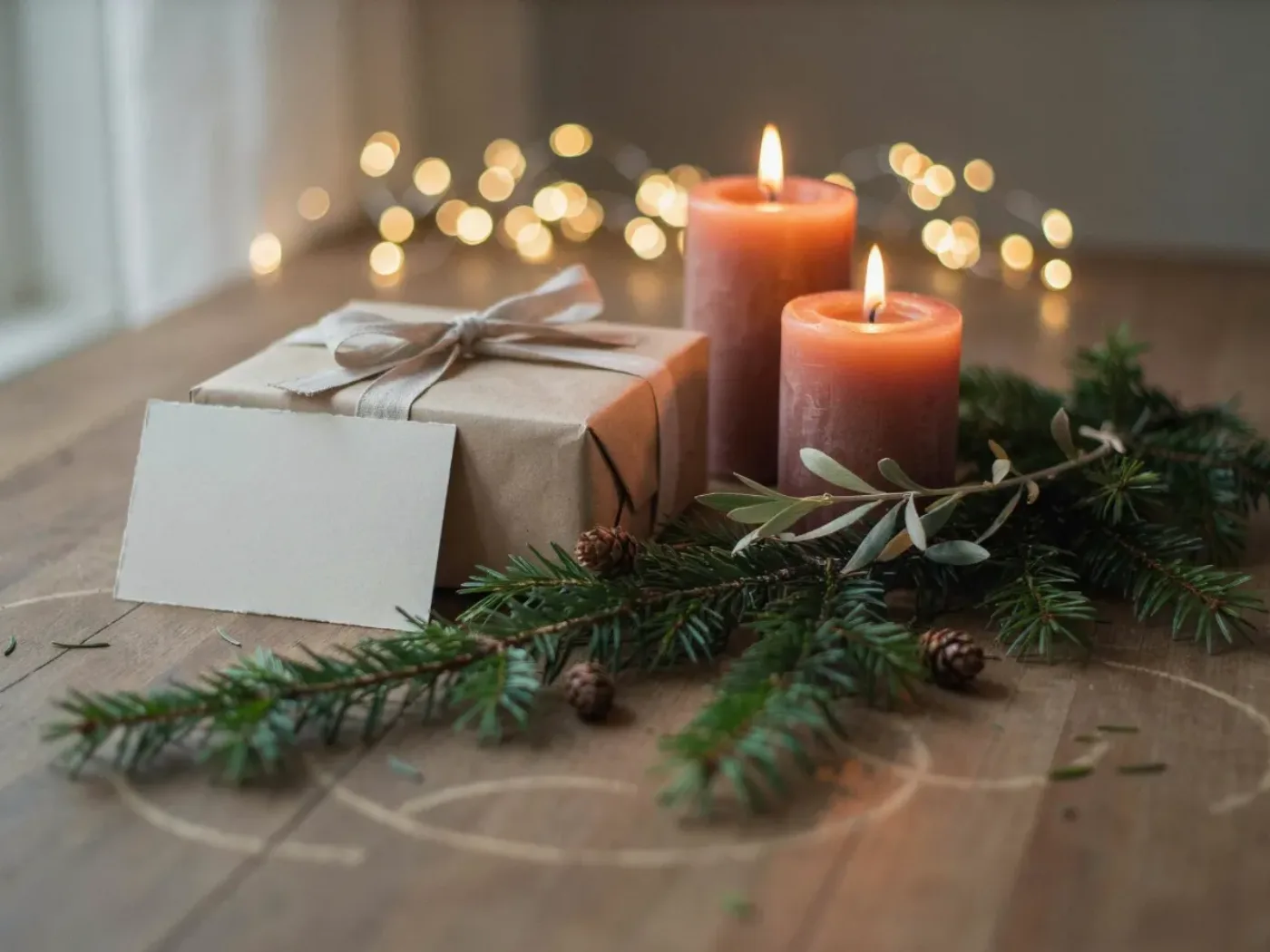 Adventstisch mit brennenden Kerzen, Tannengrün, Olivenzweig und einem Geschenk – Stimmungsbild