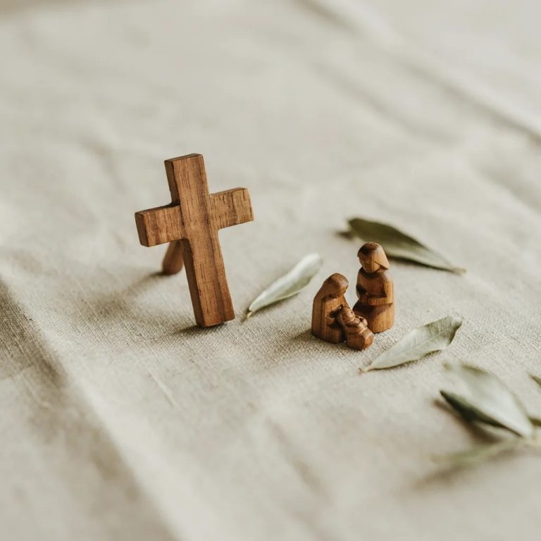 Handgeschnitztes Olivenholzkreuz und kleine Krippenfiguren aus Bethlehem auf Leinen