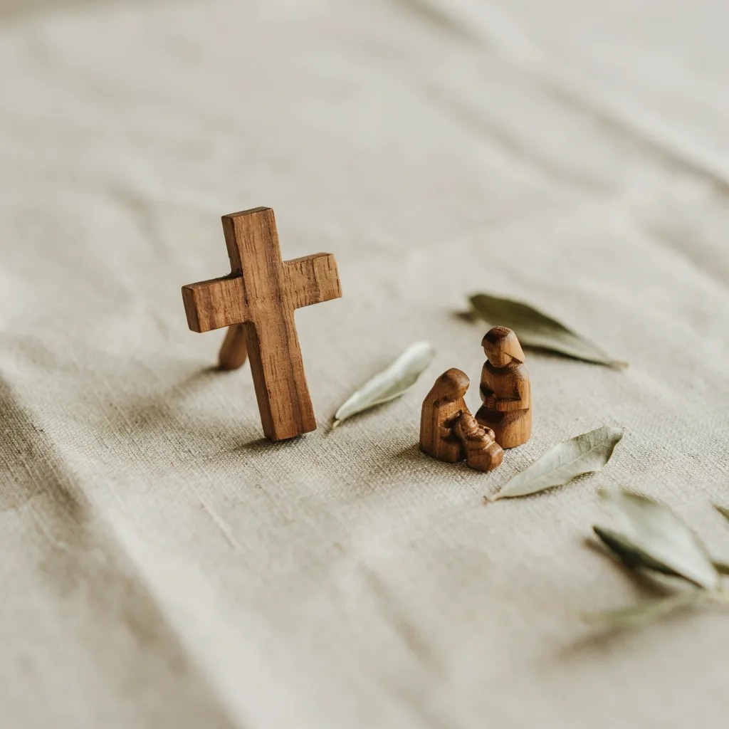 Handgeschnitztes Olivenholzkreuz und kleine Krippenfiguren aus Bethlehem auf Leinen