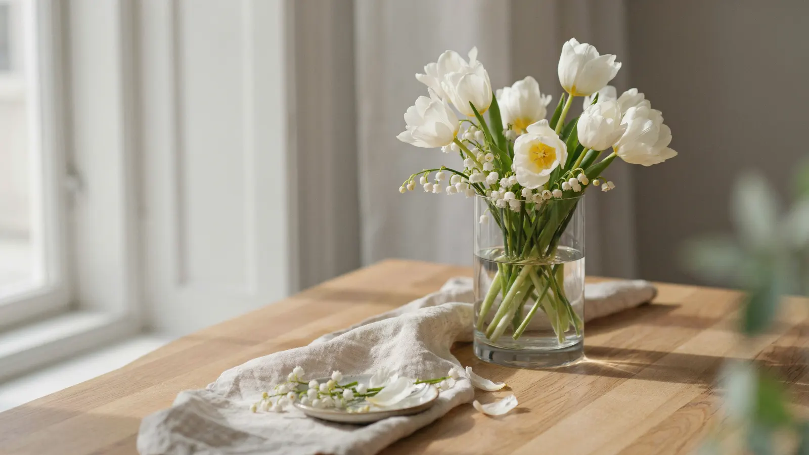 Weiße Tulpen und Maiglöckchen auf einem hellen Holztisch (Stimmungsbild)