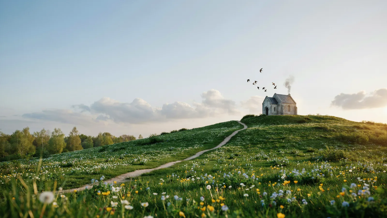 Pfad über eine Frühlingswiese hinauf zu einer Kapelle (Stimmungsbild)