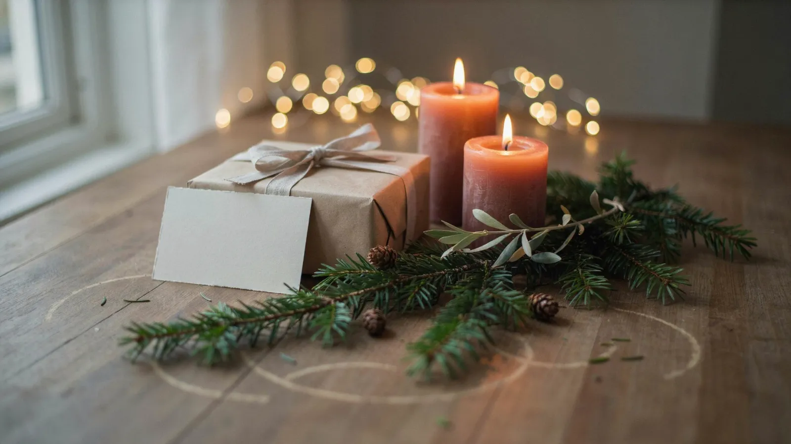 Adventstisch mit brennenden Kerzen, Tannengrün, Olivenzweig und einem Geschenk mit leerer Karte (Stimmungsbild)