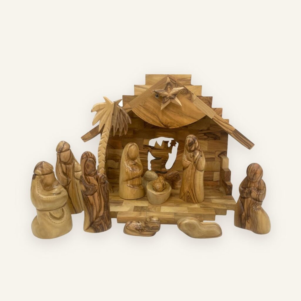 Krippenset aus Olivenholz mit schlichten Figuren, 21 cm