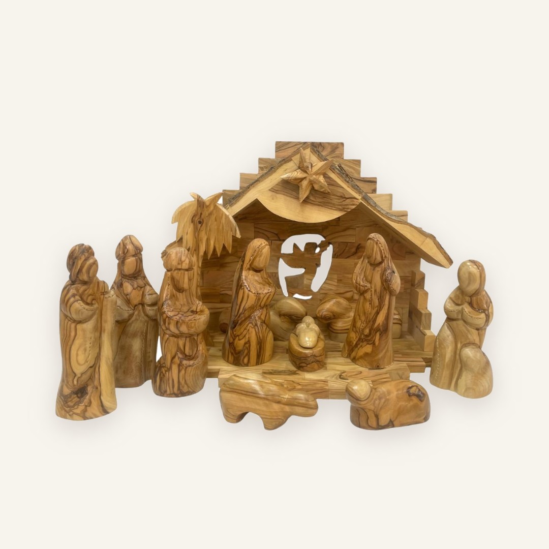Krippenset aus Olivenholz mit Figuren Krippenset aus Olivenholz mit schlichten Figuren, 23 cm