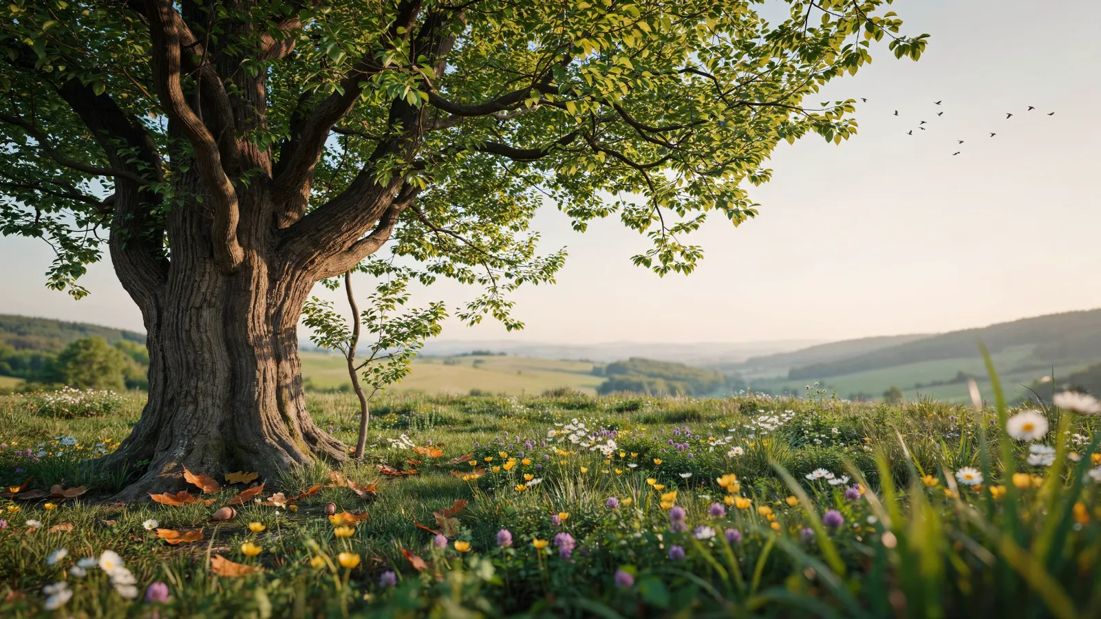 Alter Baum mit weitem Blätterdach über einer Blumenwiese (Stimmungsbild)