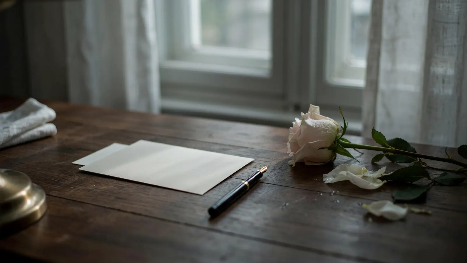 Karte, Stift und weiße Rose im grauen Tageslicht (Stimmungsbild)